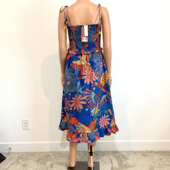 Farm Rio medium smocked poplin tropical beaded tie strap dress D1 2629 - Picture 8 of 9